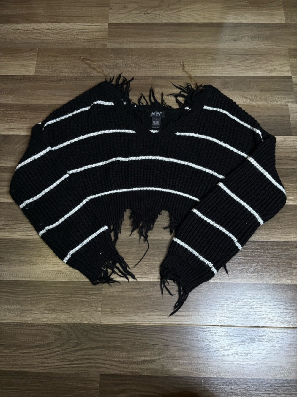 Just Polly Women's Black White Striped Fringe Knit Pullover Sweater Size L